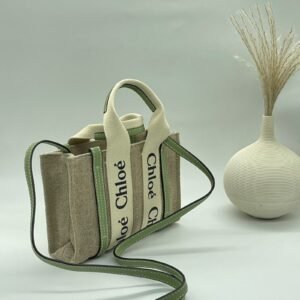 Buy Chloe Mini Woody Beige Green Canvas & Calfskin Tote Bag