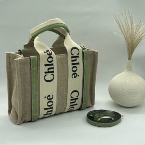 Buy Chloe Small Woody Beige & Green Canvas & Calfskin Bag